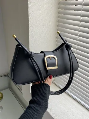 Minimalist Buckle Decor Baguette Bag - Black
