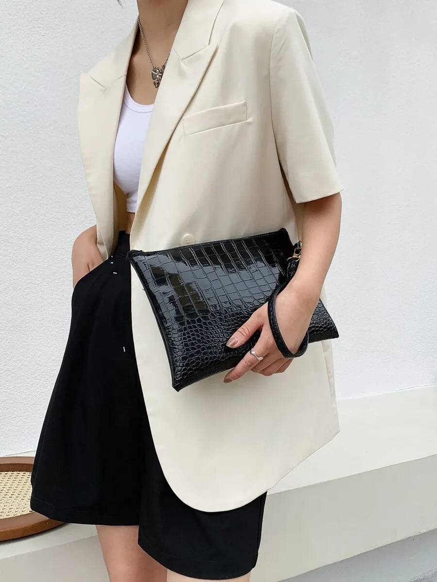 Minimalist Croc Embossed Clutch Bag - Black- FD ⚡