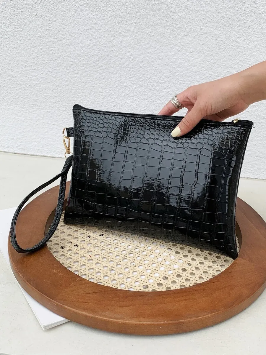 Minimalist Croc Embossed Clutch Bag - Black- FD ⚡