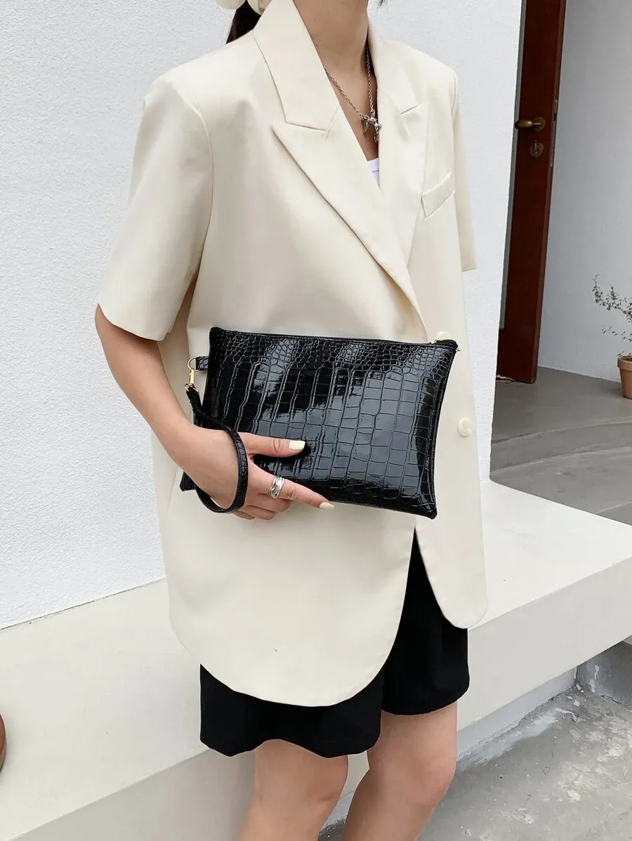 Minimalist Croc Embossed Clutch Bag - Black- FD ⚡