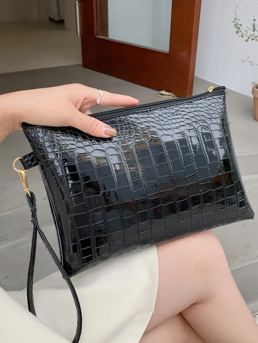 Minimalist Croc Embossed Clutch Bag - Black- FD ⚡