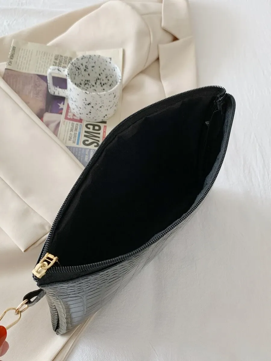 Minimalist Croc Embossed Clutch Bag - Black- FD ⚡