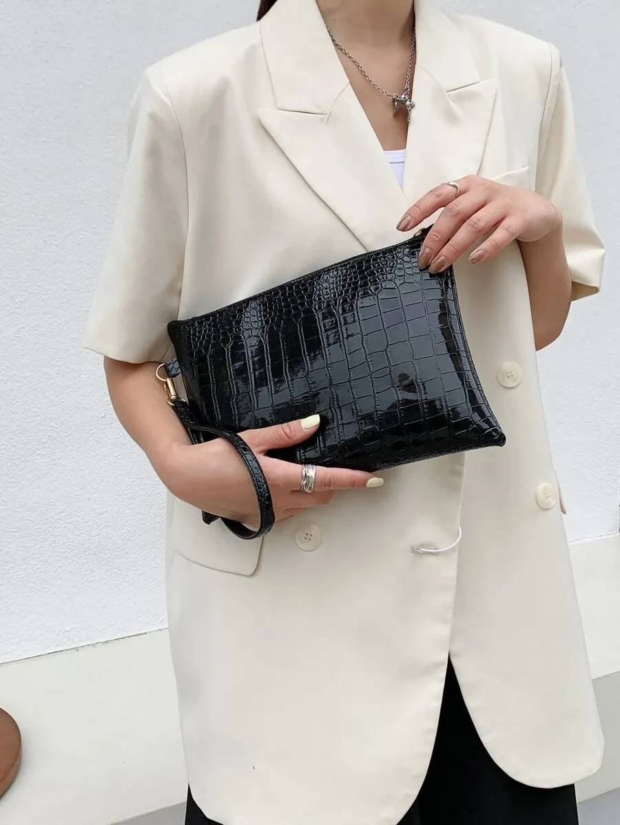 Minimalist Croc Embossed Clutch Bag - Black- FD ⚡