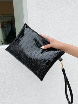 Minimalist Croc Embossed Clutch Bag - Black- FD ⚡