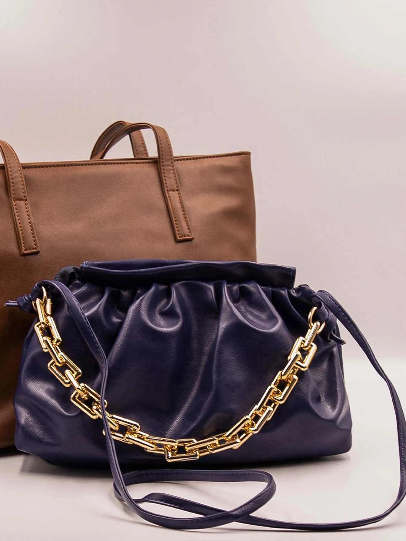 Minimalist Ruched Chain Decor Bag - Navy Blue - FD ⚡