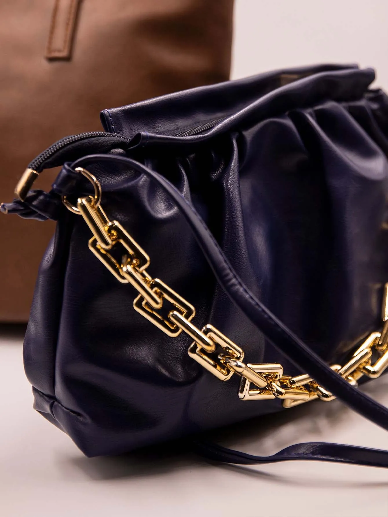 Minimalist Ruched Chain Decor Bag - Navy Blue - FD ⚡
