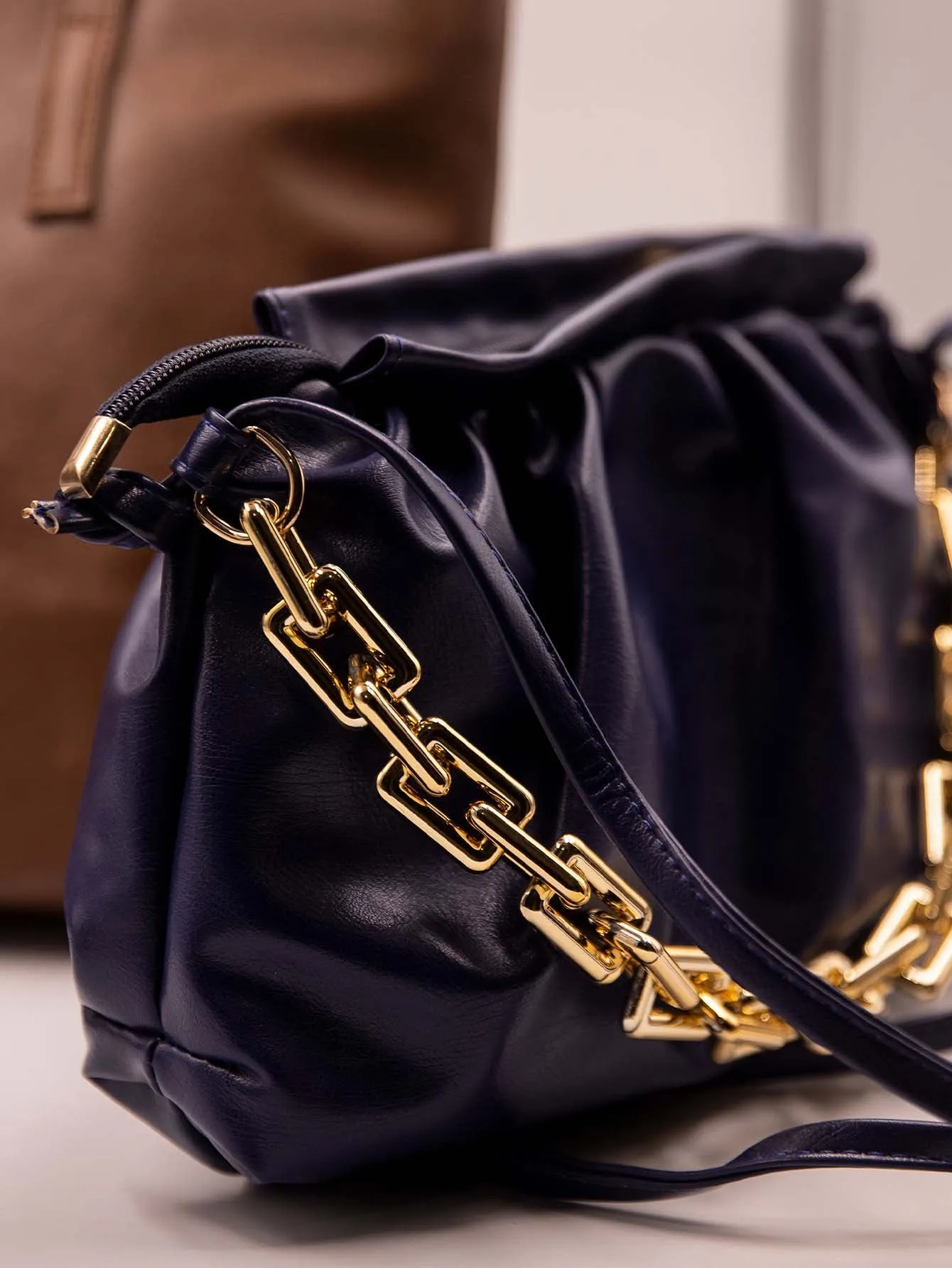 Minimalist Ruched Chain Decor Bag - Navy Blue - FD ⚡