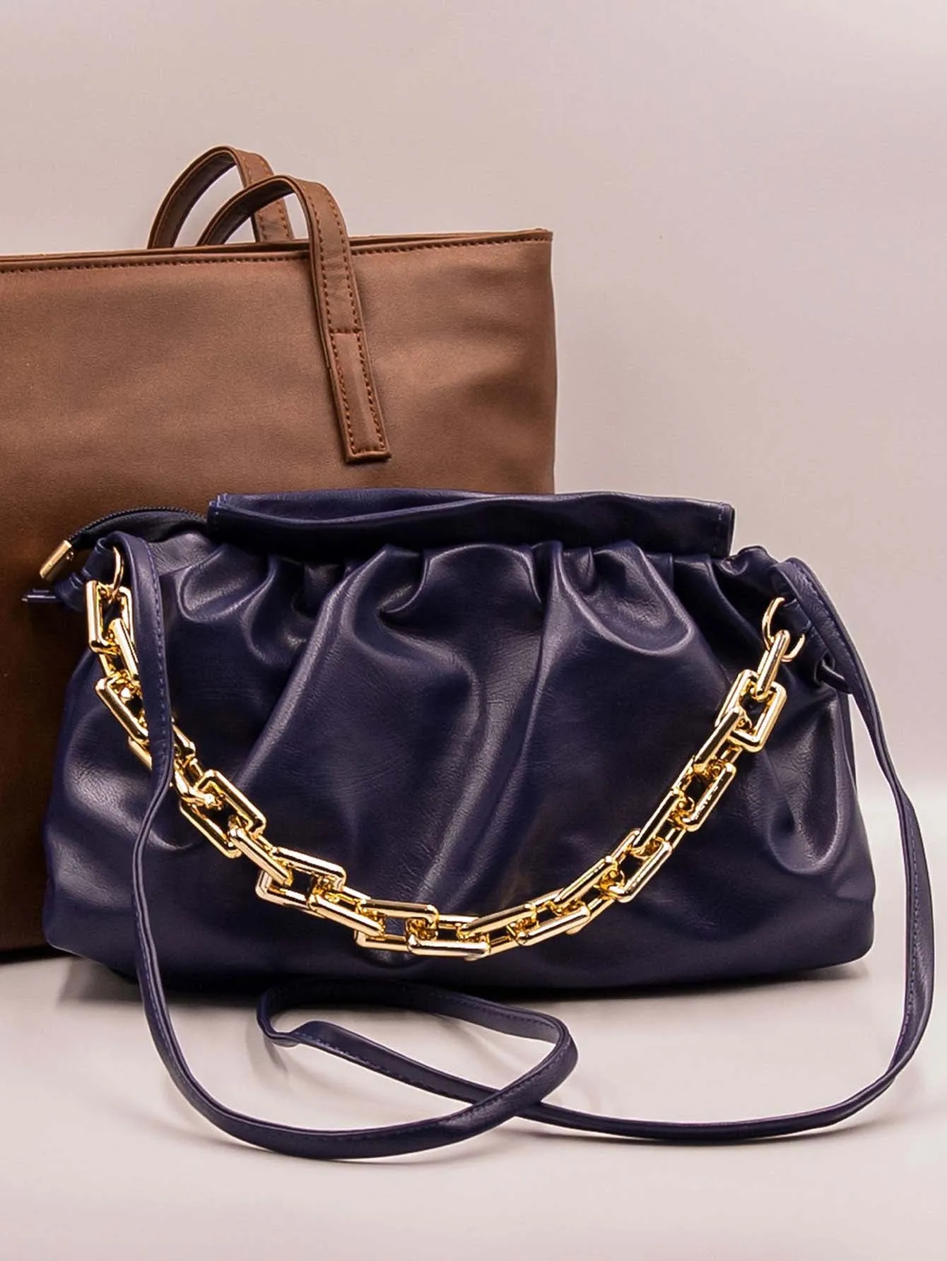 Minimalist Ruched Chain Decor Bag - Navy Blue - FD ⚡