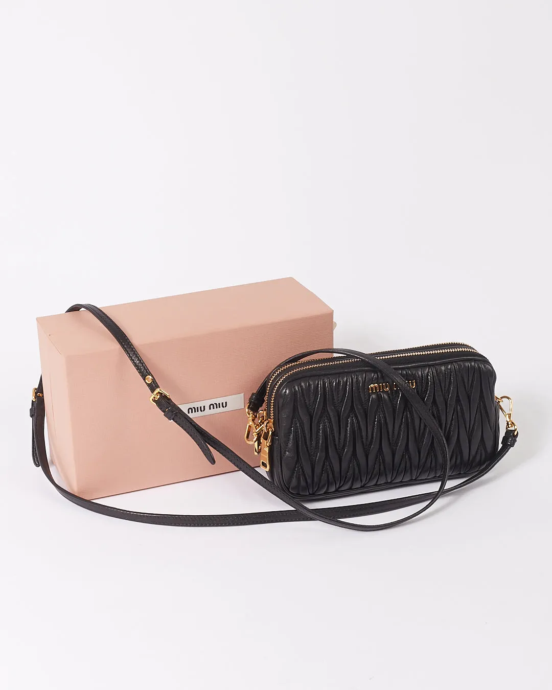 Miu Miu Black Matelasse Leather Mini Double Zip Crossbody Bag