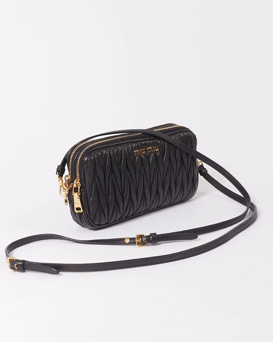 Miu Miu Black Matelasse Leather Mini Double Zip Crossbody Bag
