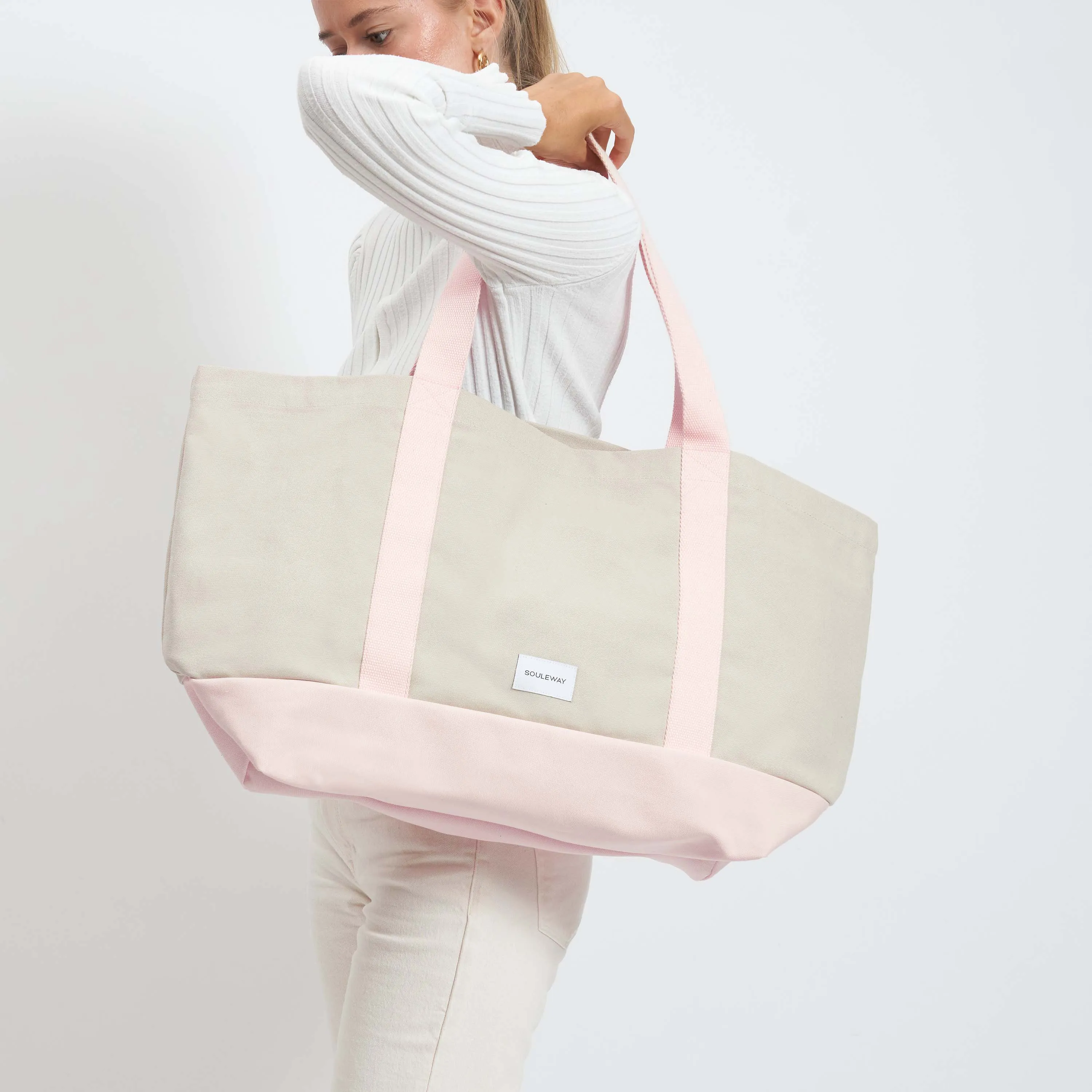 Natural Cotton Canvas Beach Bag | Sand & Pink