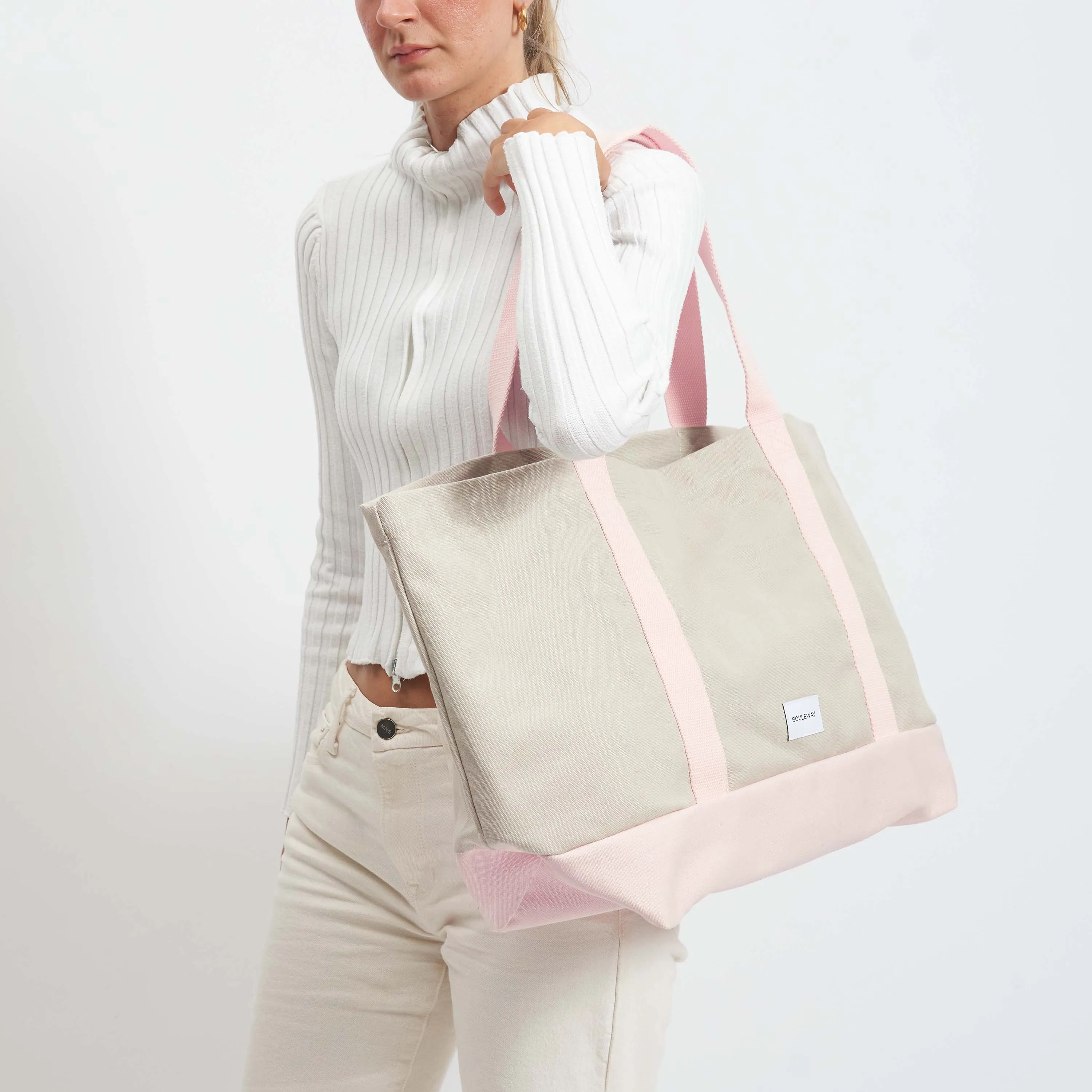 Natural Cotton Canvas Beach Bag | Sand & Pink