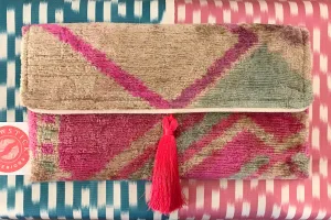 Pastel Pink & Blue Velvet Ikat Clutch Bag