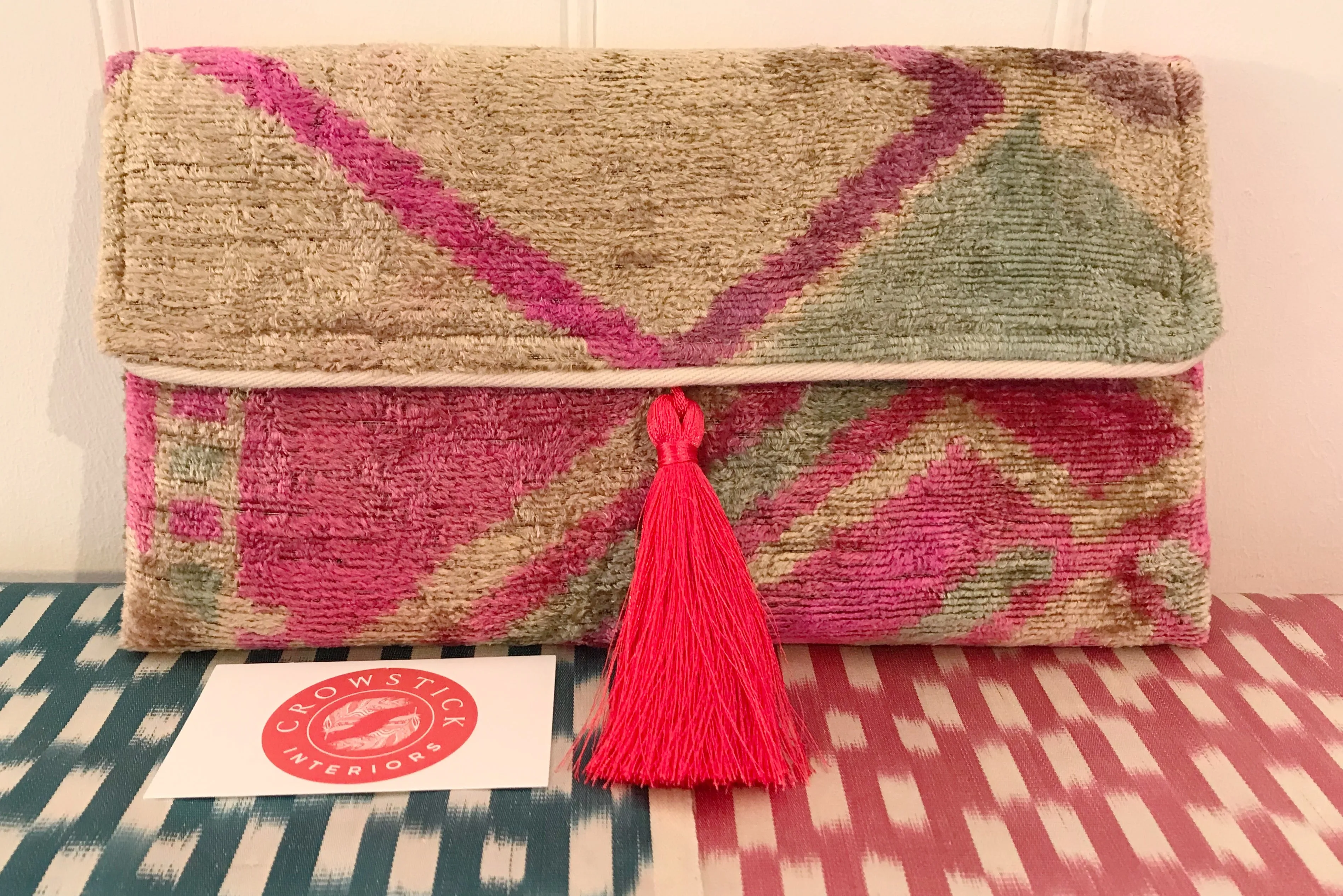 Pastel Pink & Blue Velvet Ikat Clutch Bag