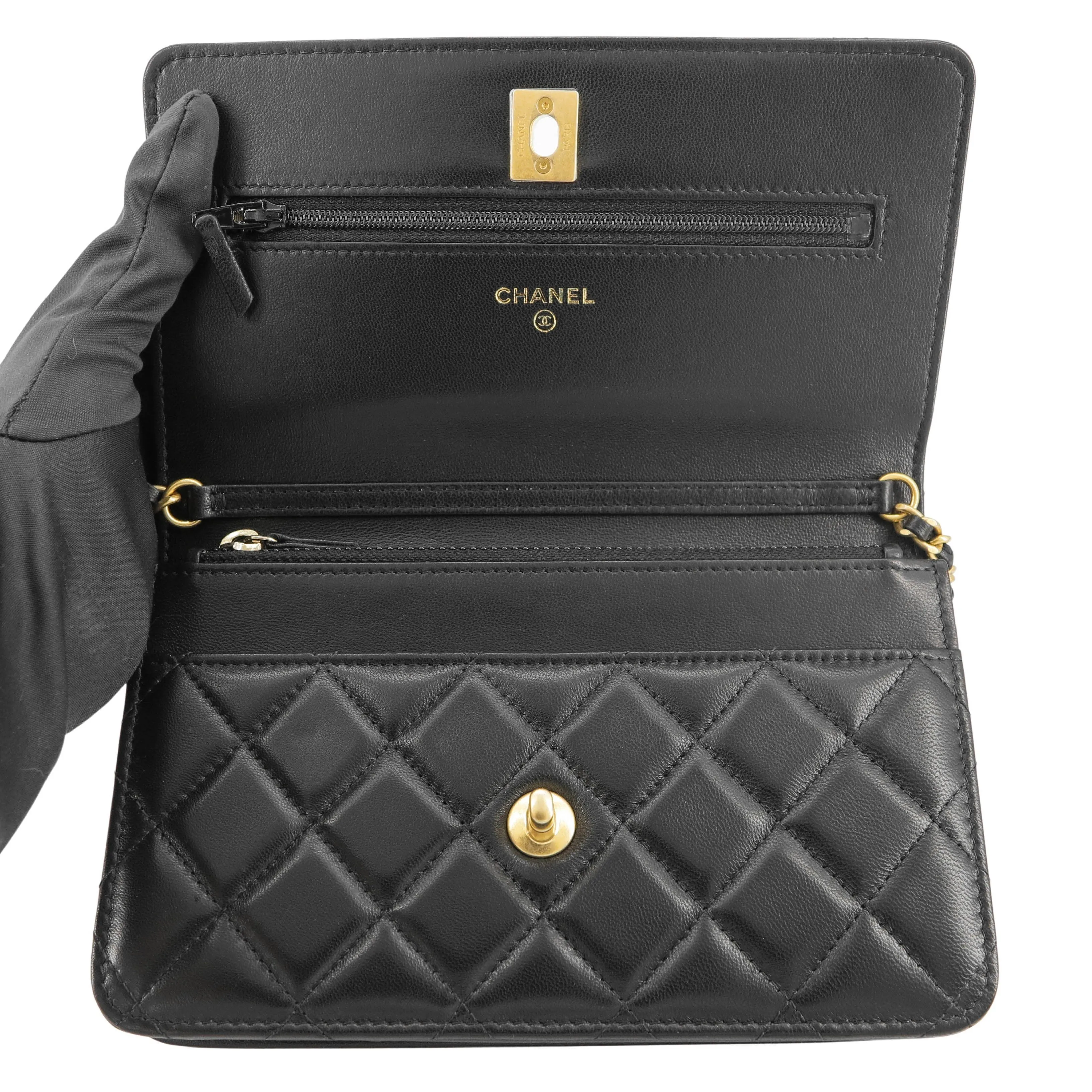 Pearl Crush Wallet On Chain WOC in Black Lambskin GHW