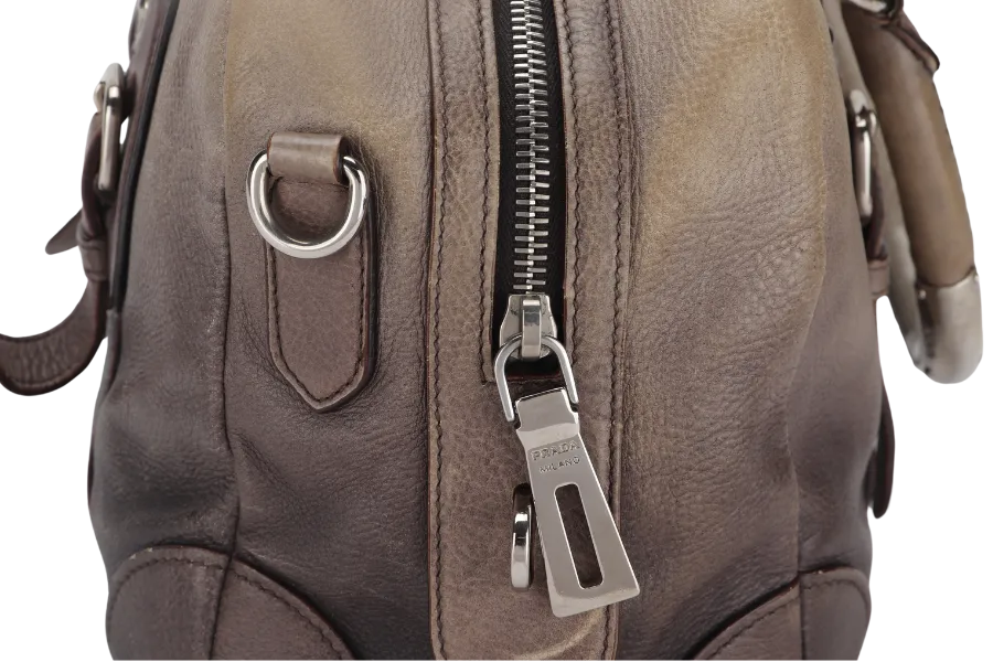 PRADA BANDOLIERA BROWN TAUPE LEATHER SILVER HARDWARE WITH STRAPS AND DUST COVER