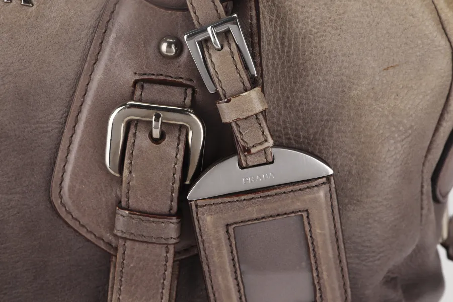 PRADA BANDOLIERA BROWN TAUPE LEATHER SILVER HARDWARE WITH STRAPS AND DUST COVER