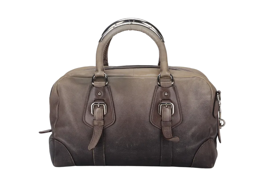 PRADA BANDOLIERA BROWN TAUPE LEATHER SILVER HARDWARE WITH STRAPS AND DUST COVER