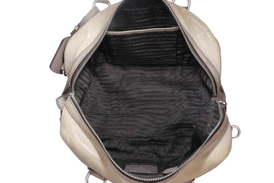 PRADA BANDOLIERA BROWN TAUPE LEATHER SILVER HARDWARE WITH STRAPS AND DUST COVER