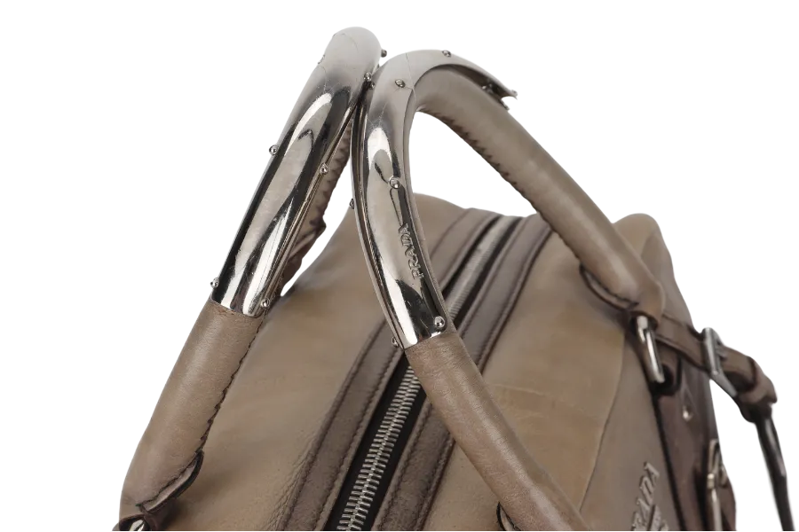 PRADA BANDOLIERA BROWN TAUPE LEATHER SILVER HARDWARE WITH STRAPS AND DUST COVER