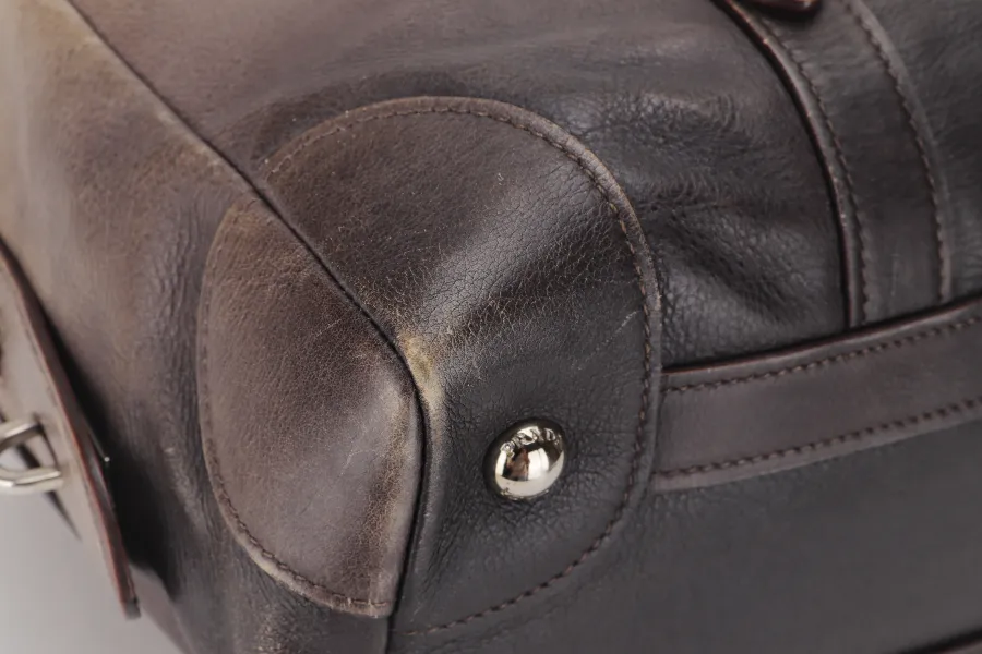 PRADA BANDOLIERA BROWN TAUPE LEATHER SILVER HARDWARE WITH STRAPS AND DUST COVER