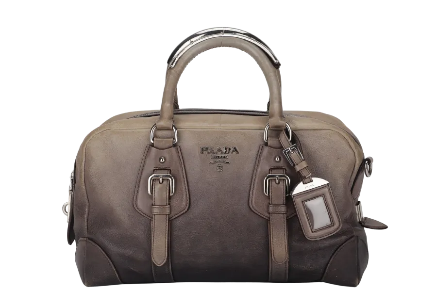 PRADA BANDOLIERA BROWN TAUPE LEATHER SILVER HARDWARE WITH STRAPS AND DUST COVER