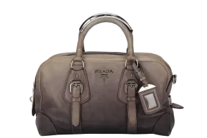 PRADA BANDOLIERA BROWN TAUPE LEATHER SILVER HARDWARE WITH STRAPS AND DUST COVER