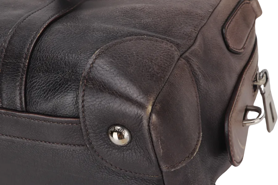 PRADA BANDOLIERA BROWN TAUPE LEATHER SILVER HARDWARE WITH STRAPS AND DUST COVER