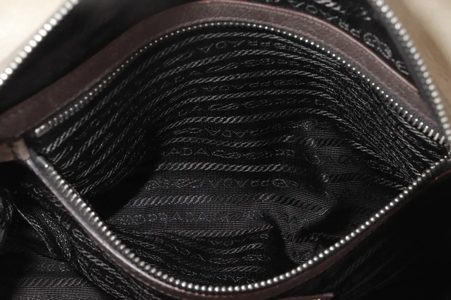 PRADA BANDOLIERA BROWN TAUPE LEATHER SILVER HARDWARE WITH STRAPS AND DUST COVER