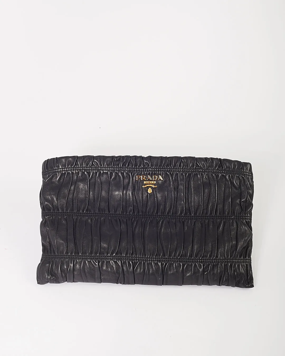 Prada Black Gaufre Leather Large Zip Clutch