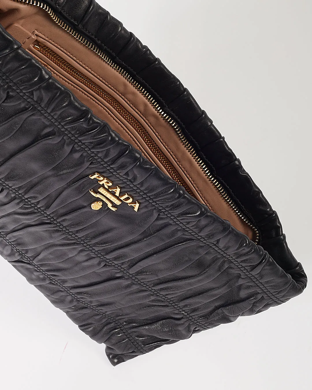 Prada Black Gaufre Leather Large Zip Clutch