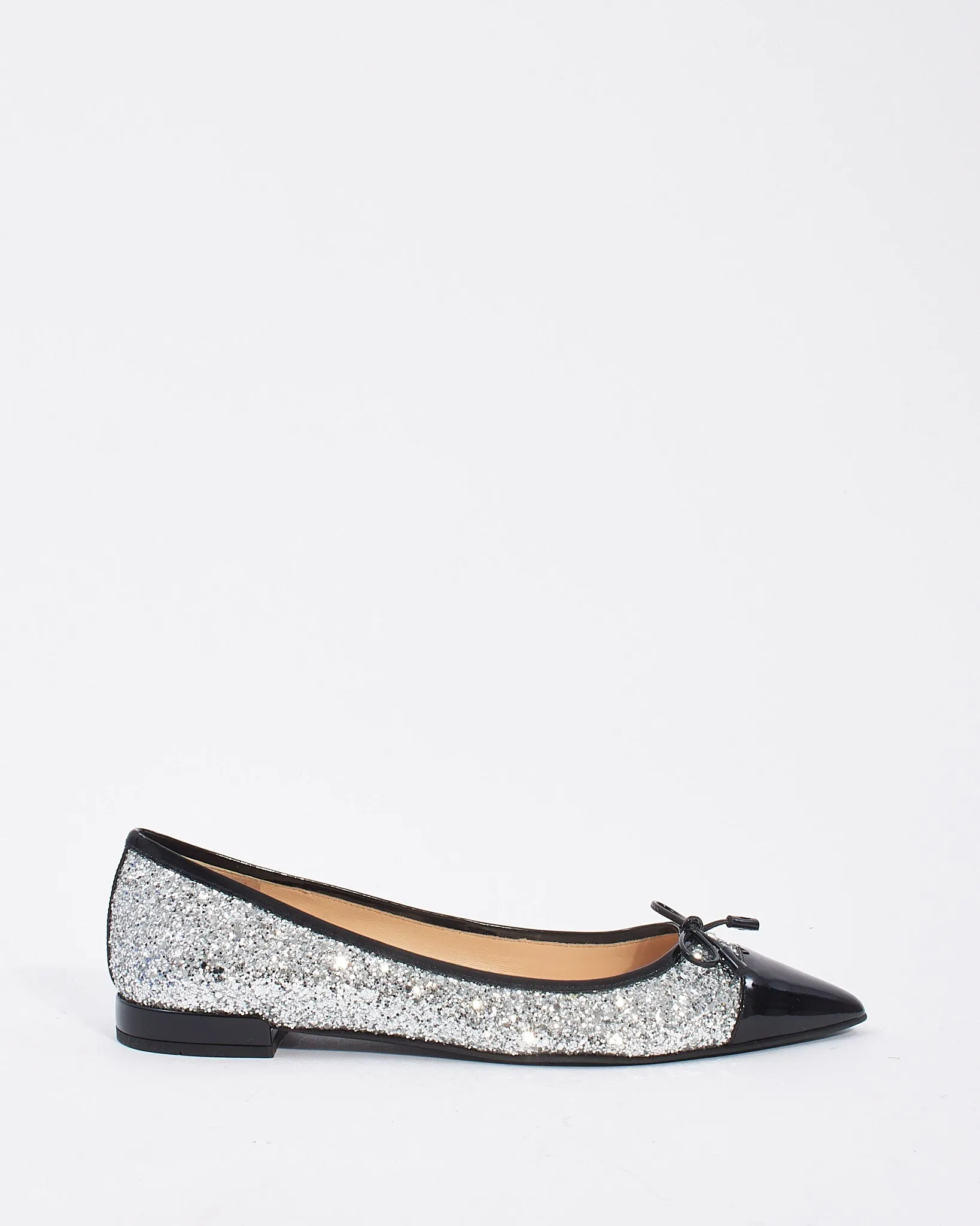 Prada Black Patent/Silver Sparkle Pointed Toe Flats - 39