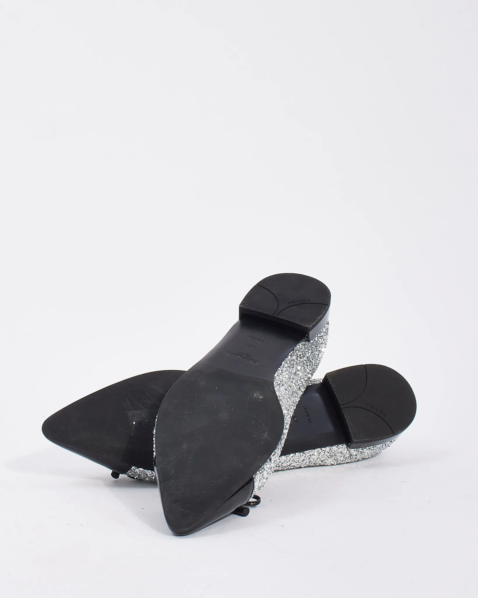 Prada Black Patent/Silver Sparkle Pointed Toe Flats - 39