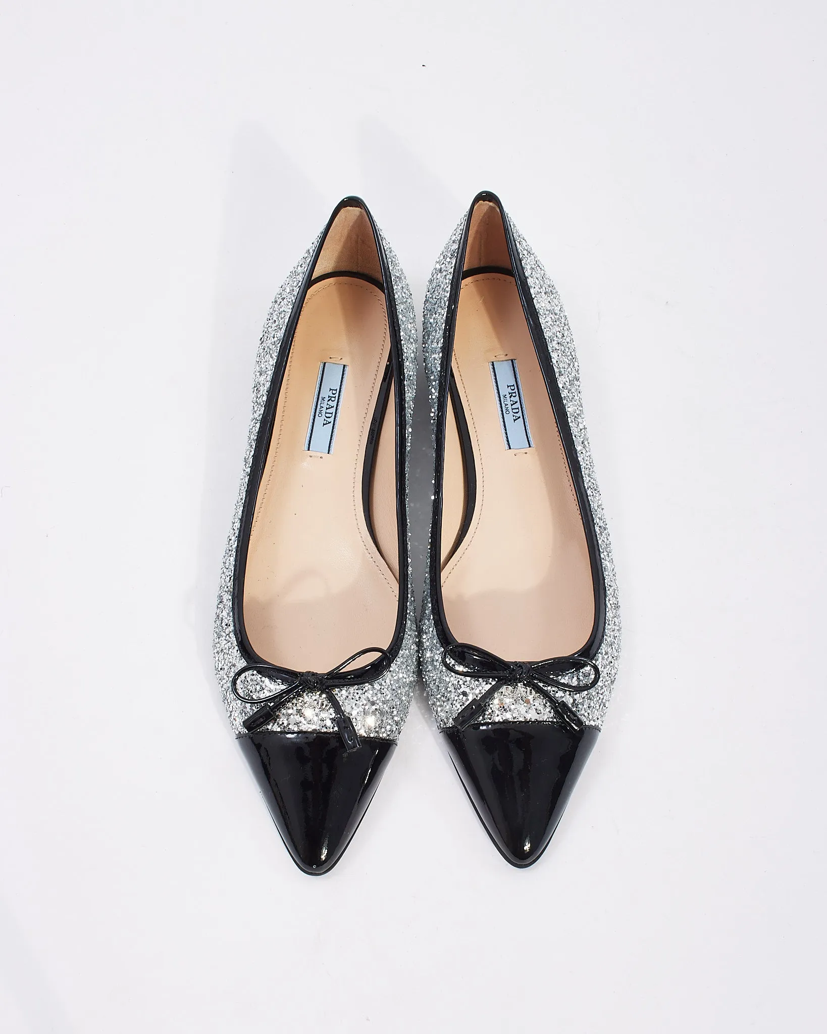 Prada Black Patent/Silver Sparkle Pointed Toe Flats - 39