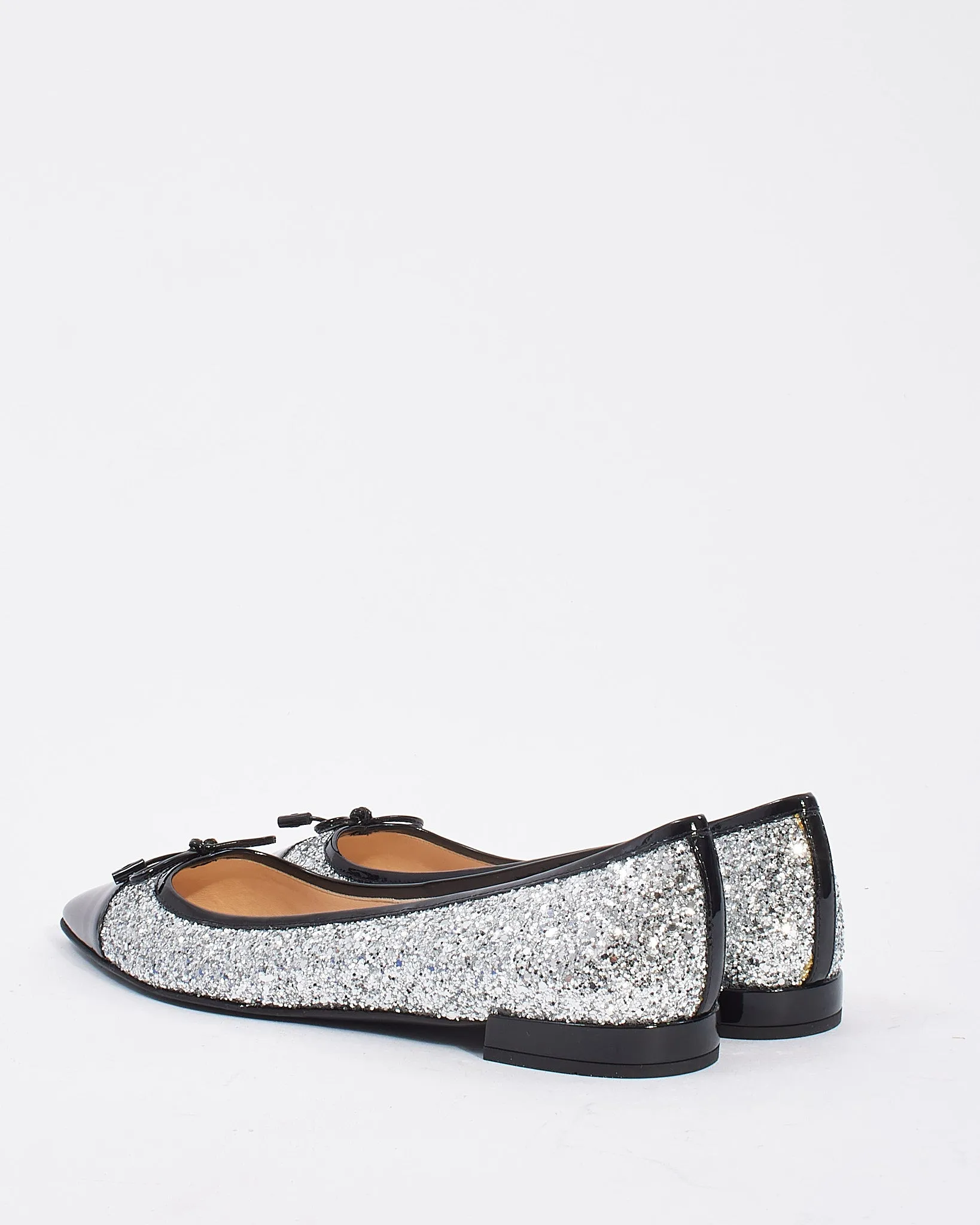 Prada Black Patent/Silver Sparkle Pointed Toe Flats - 39