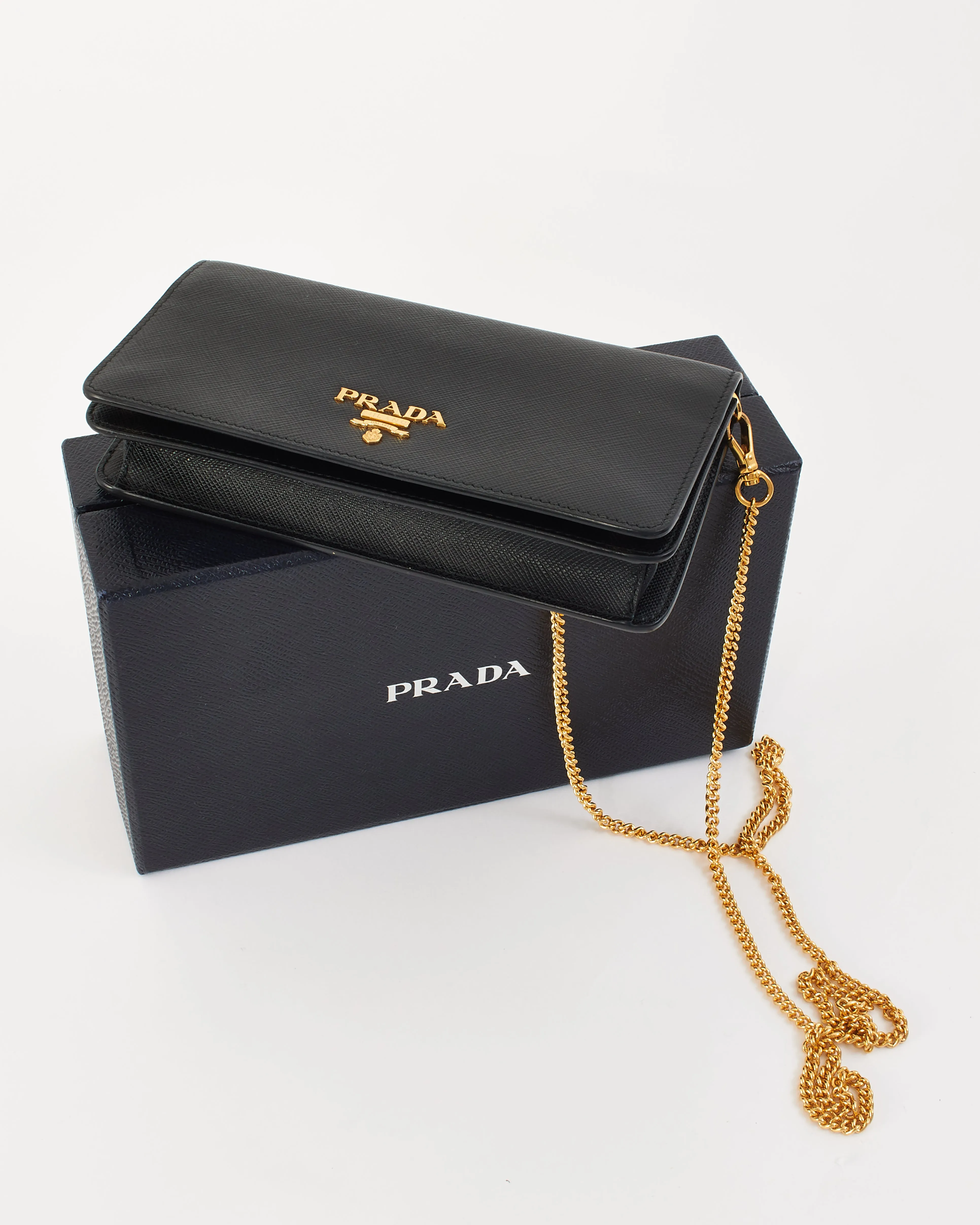 Prada Black Saffiano Leather Logo Wallet on Chain Bag