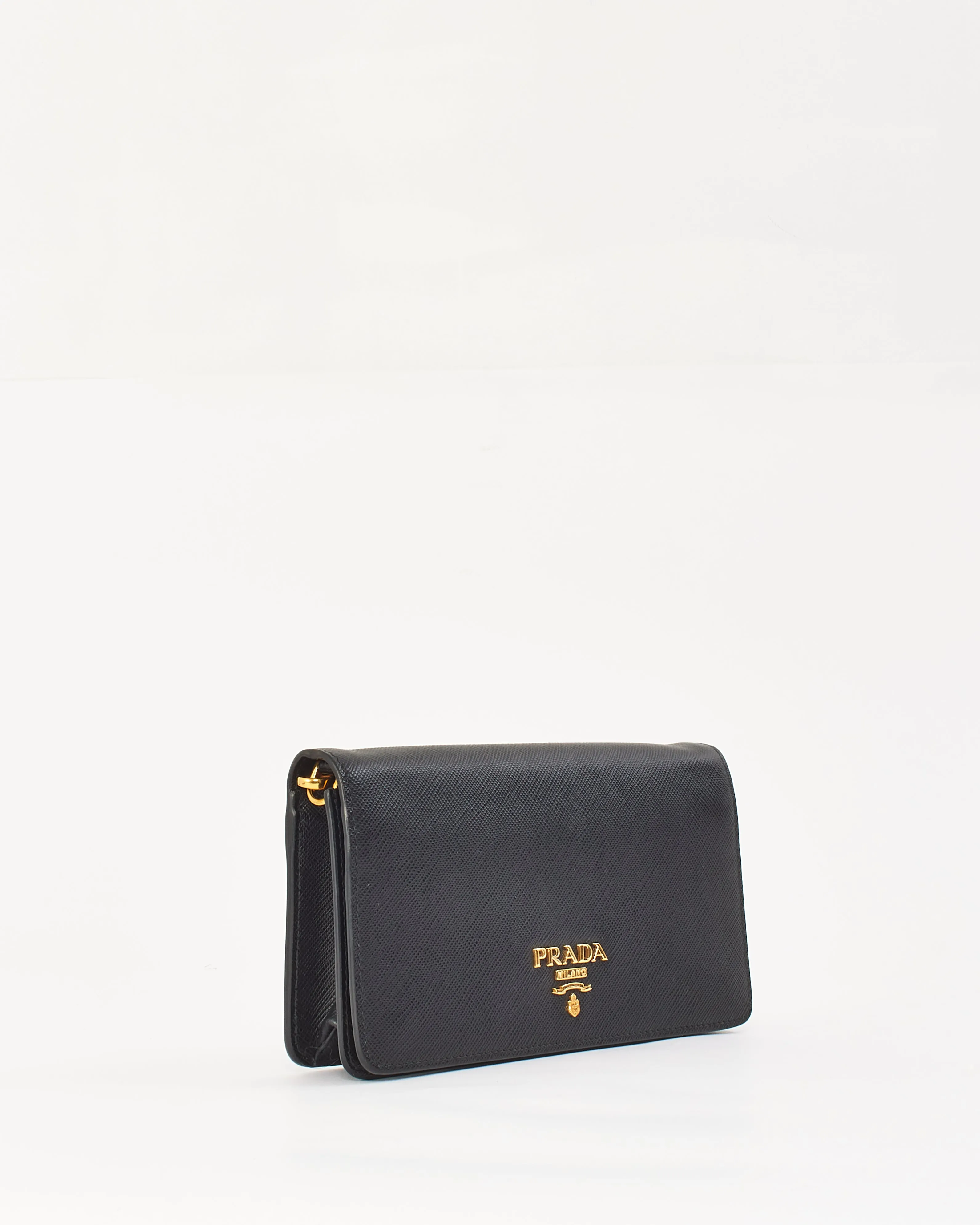Prada Black Saffiano Leather Logo Wallet on Chain Bag