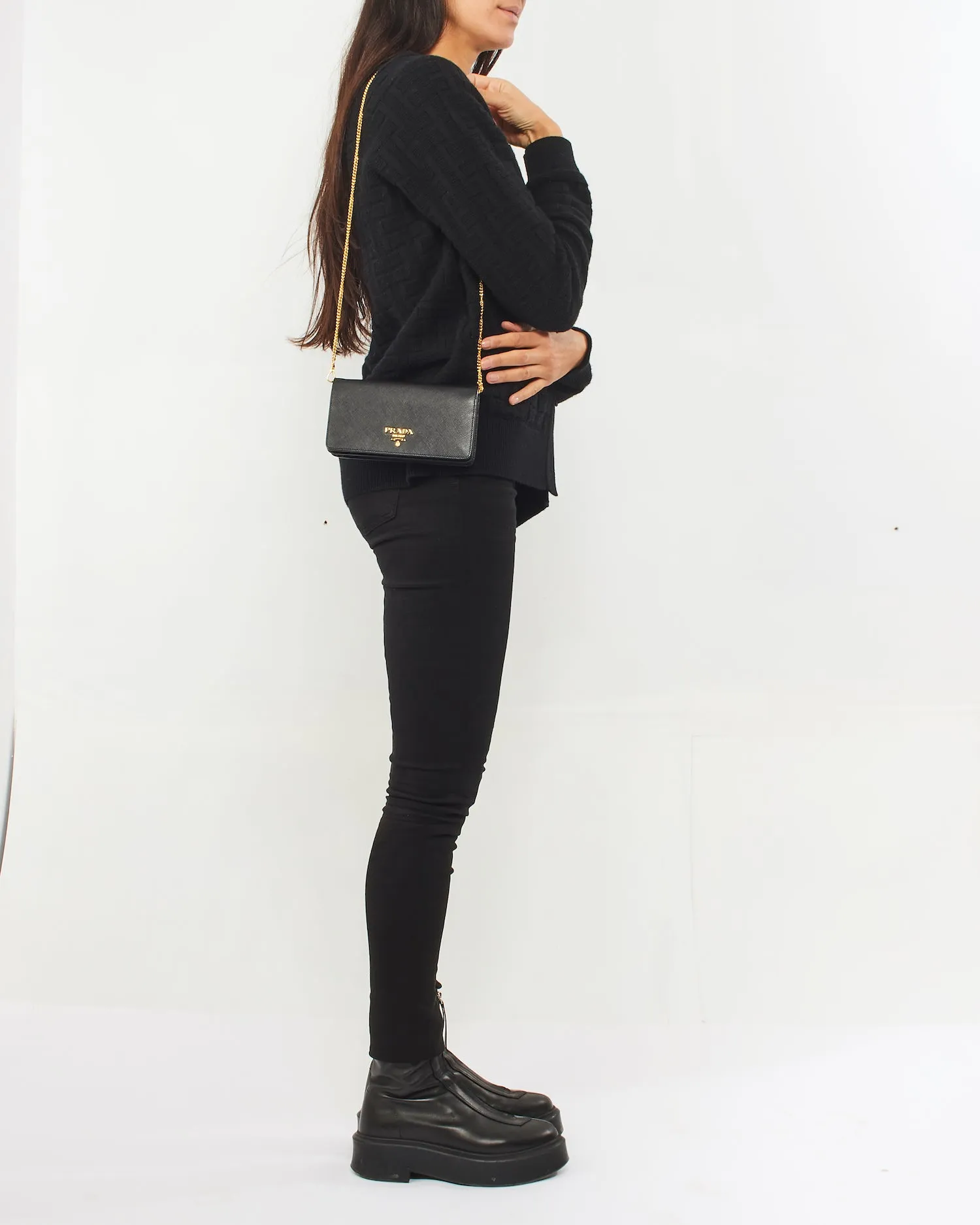 Prada Black Saffiano Leather Logo Wallet on Chain Bag