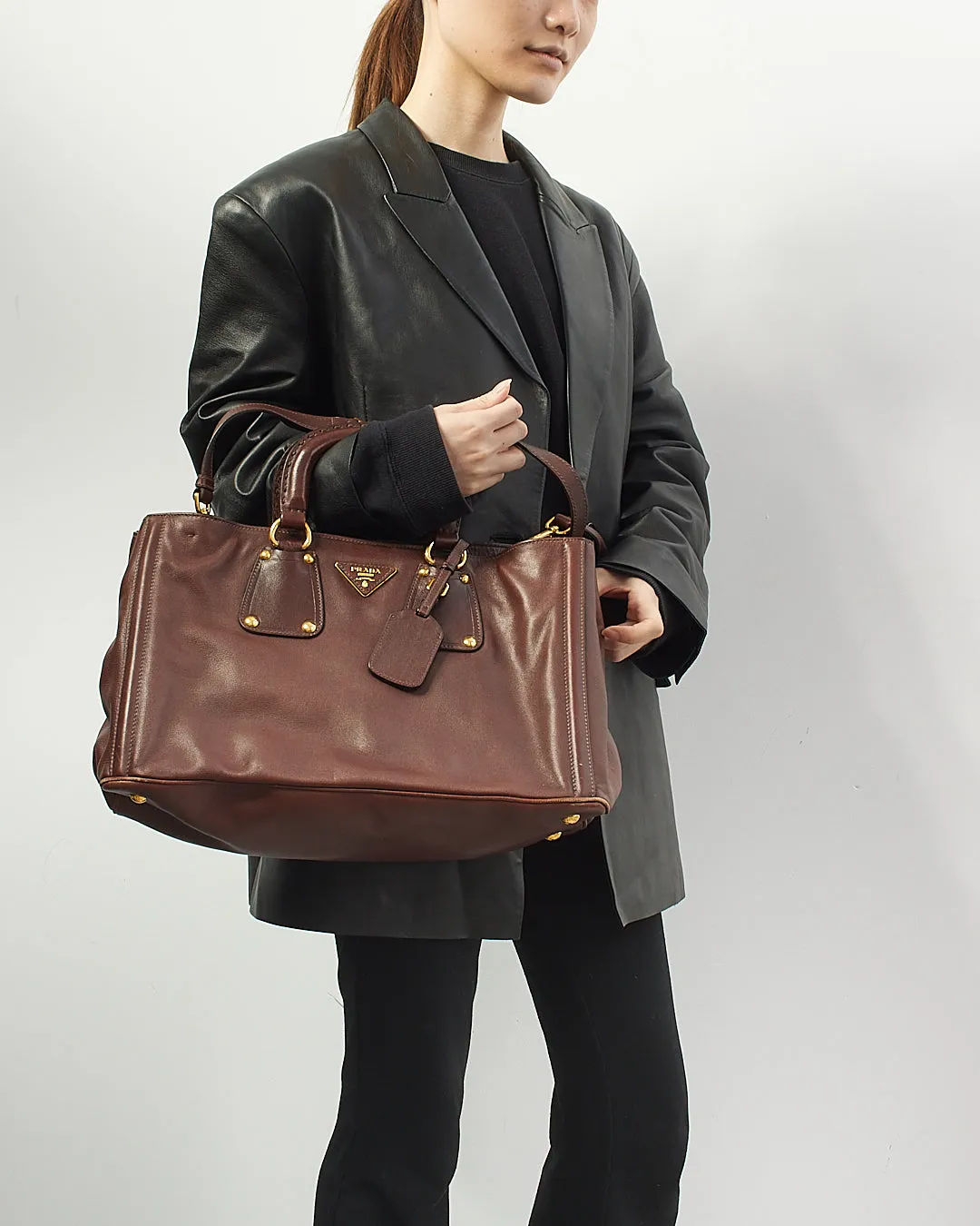 Prada Brown Leather Tote Convertible Tote