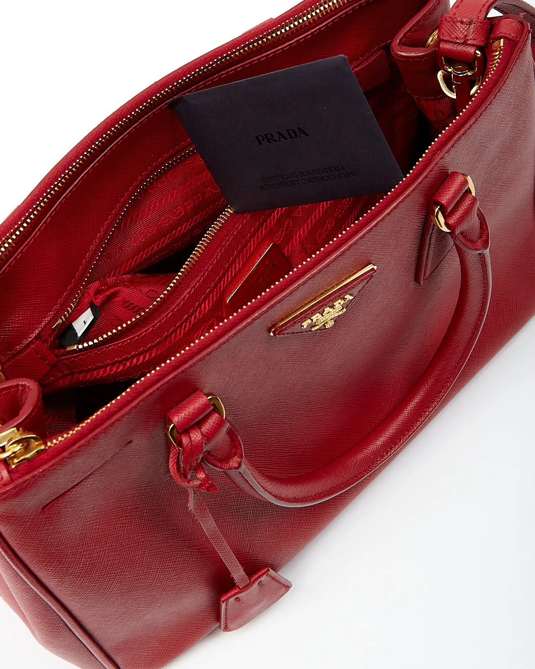 Prada Red Saffiano Lux Double Zip Galleria Small Tote Bag
