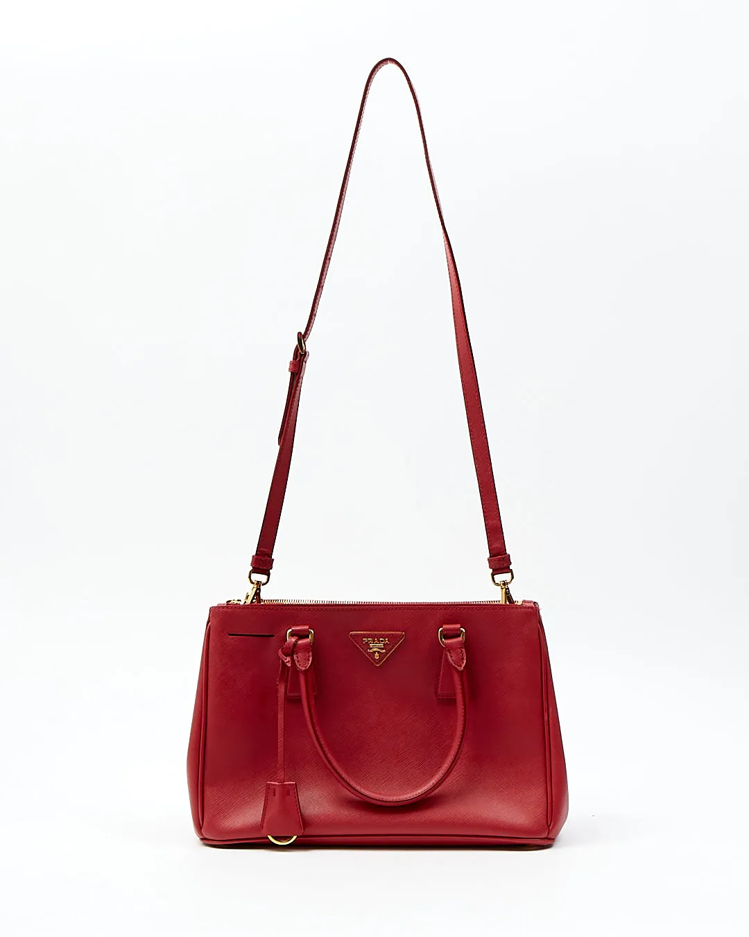 Prada Red Saffiano Lux Double Zip Galleria Small Tote Bag