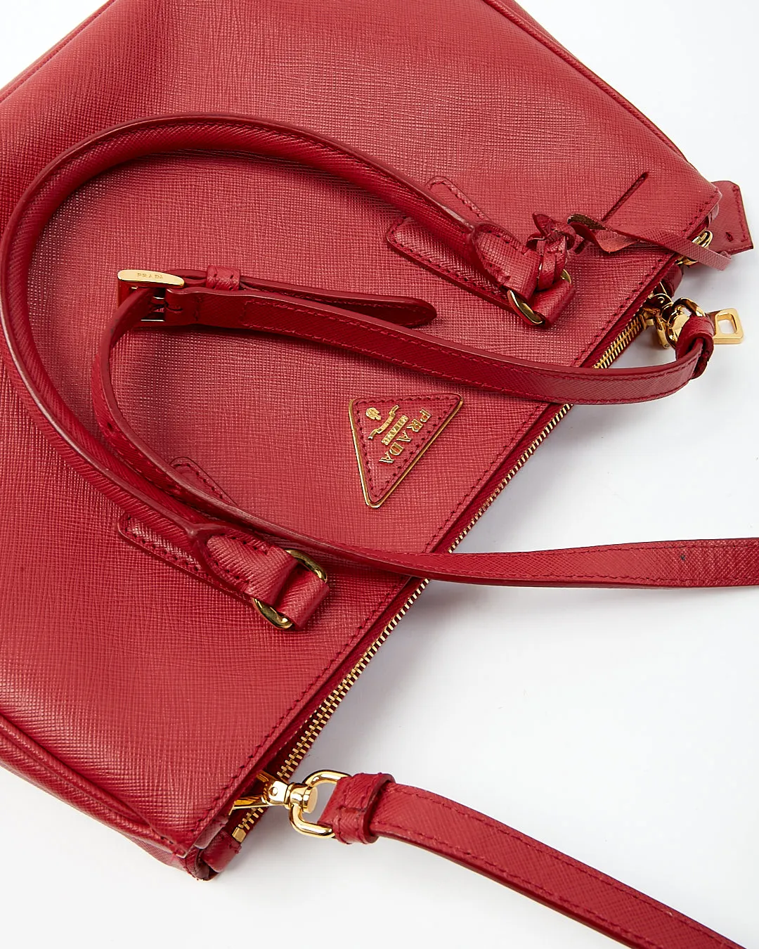 Prada Red Saffiano Lux Double Zip Galleria Small Tote Bag