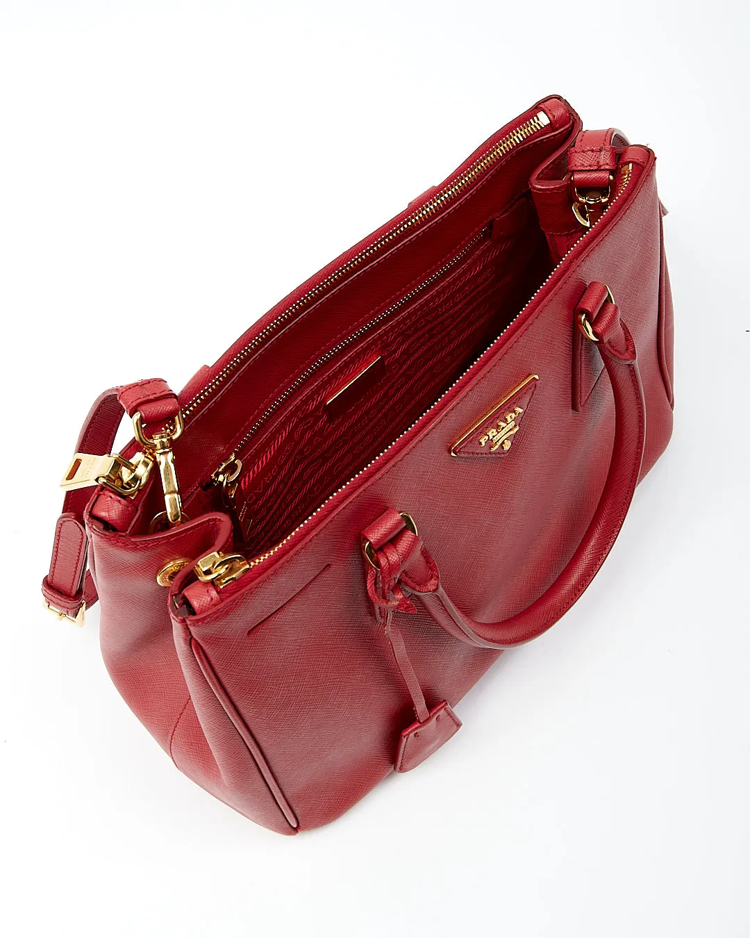 Prada Red Saffiano Lux Double Zip Galleria Small Tote Bag