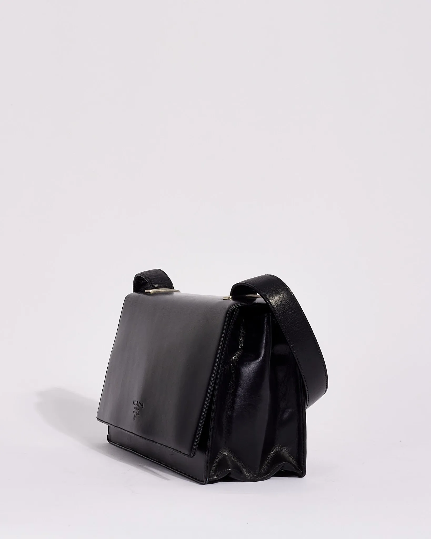 Prada Vintage Black Leather Logo Square Shoulder Bag