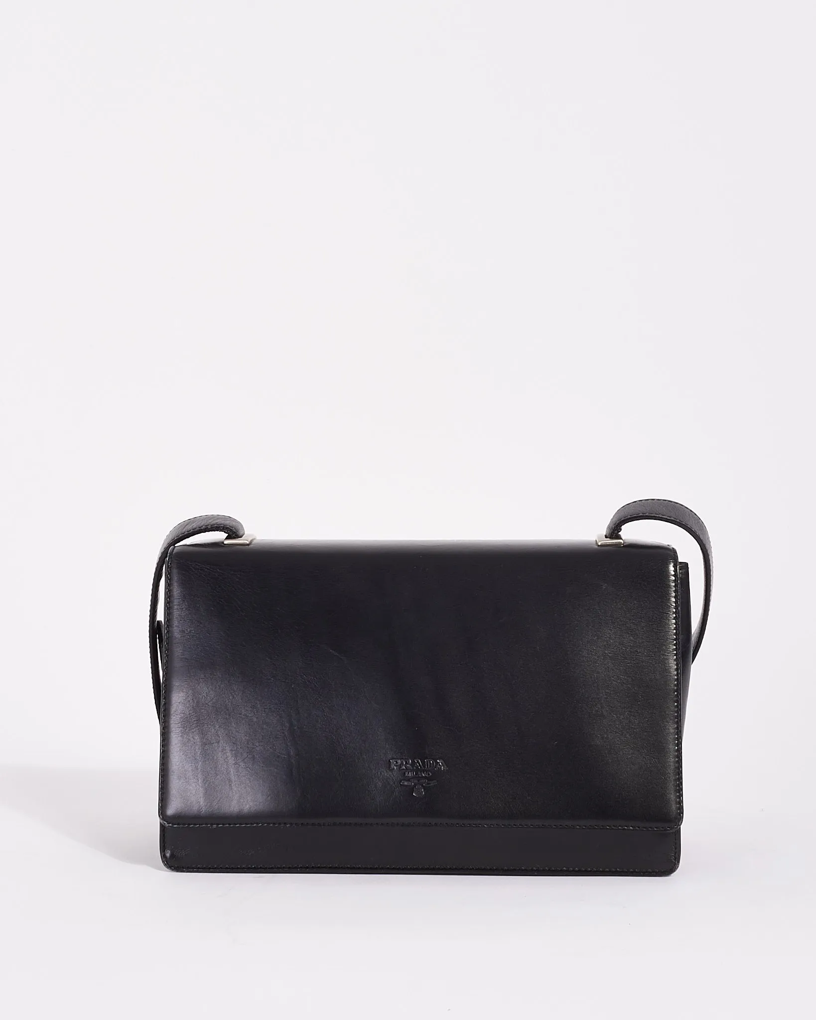 Prada Vintage Black Leather Logo Square Shoulder Bag