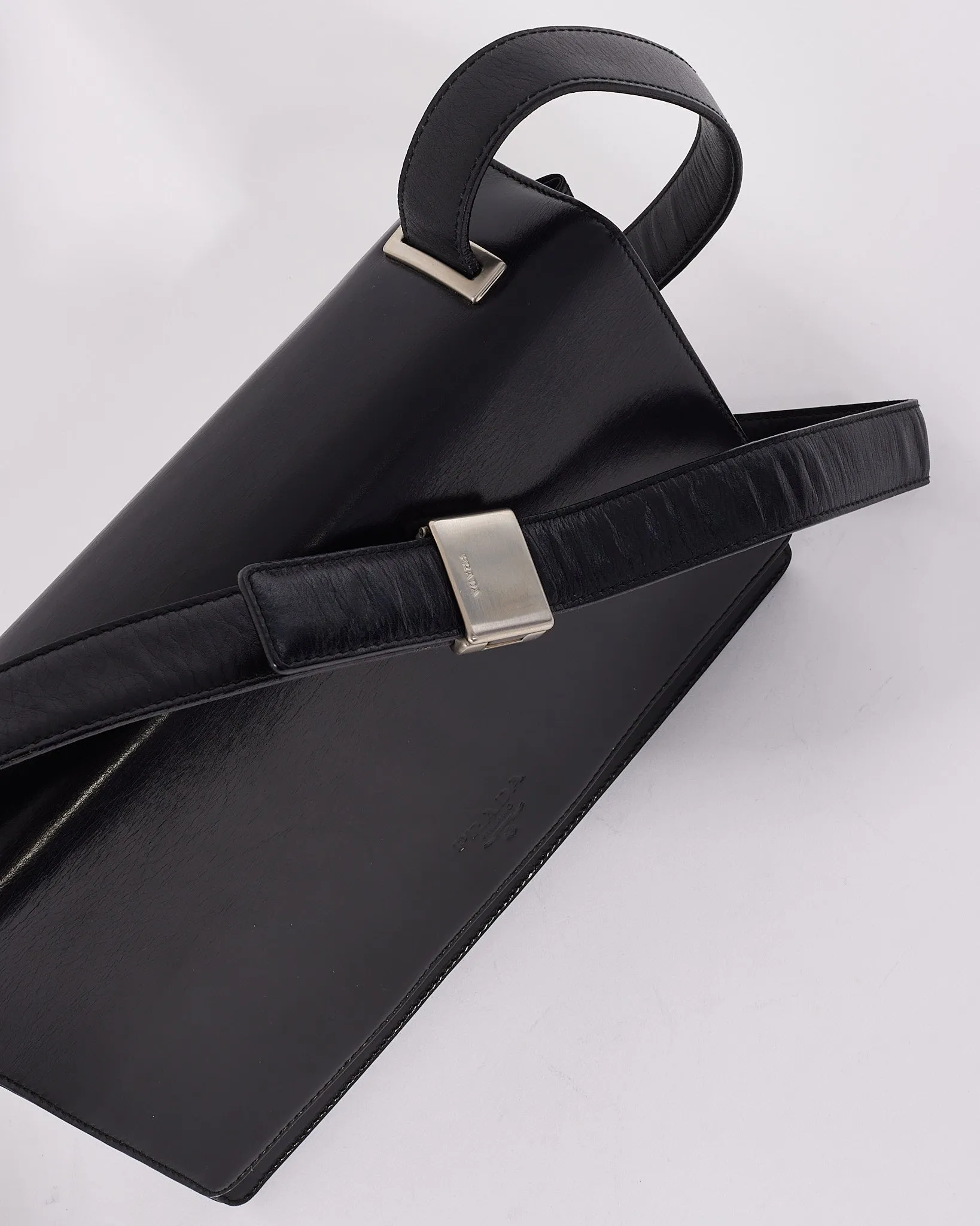Prada Vintage Black Leather Logo Square Shoulder Bag