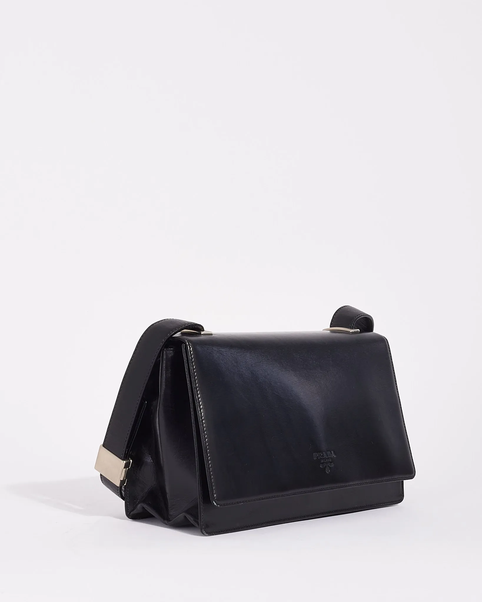 Prada Vintage Black Leather Logo Square Shoulder Bag