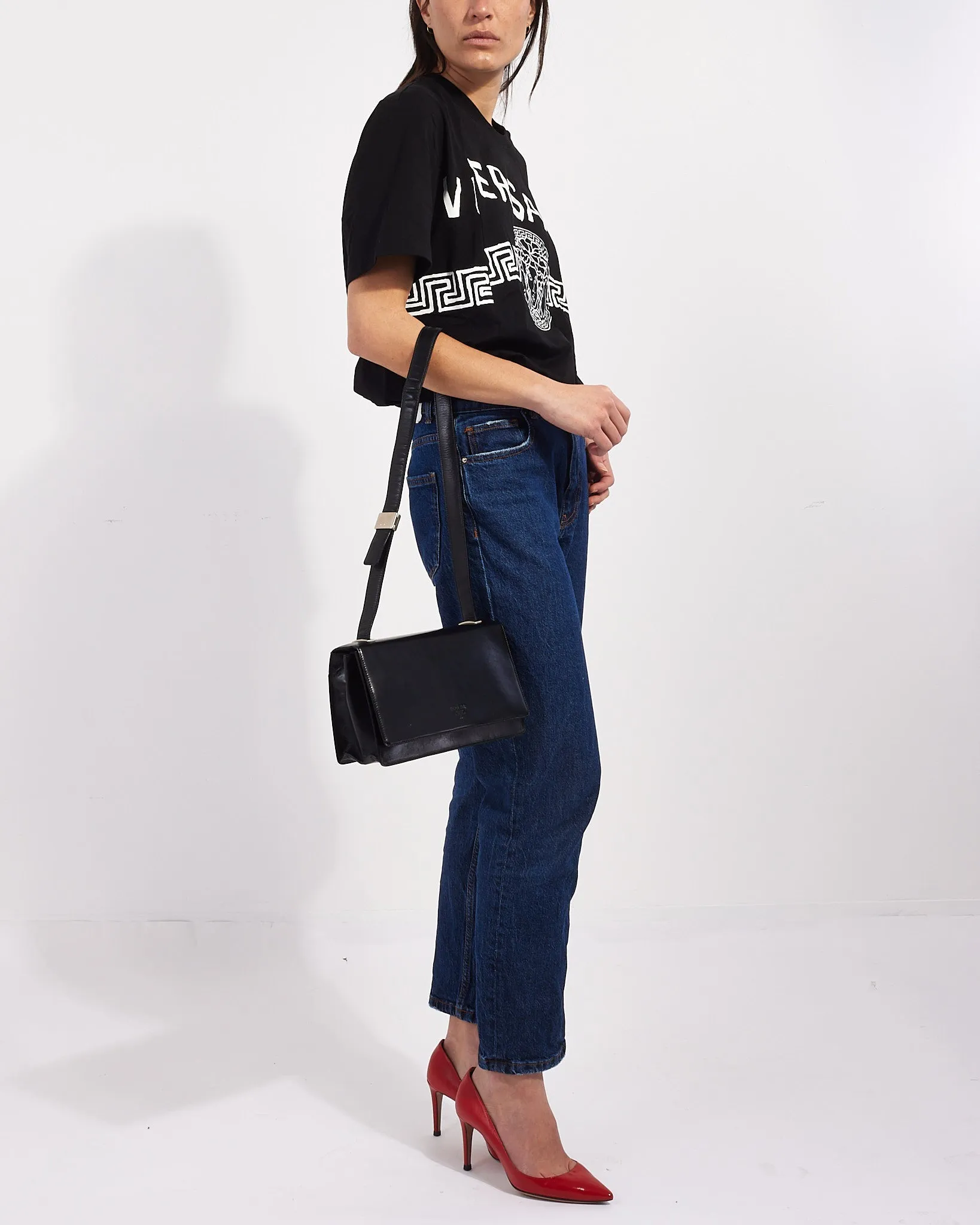 Prada Vintage Black Leather Logo Square Shoulder Bag