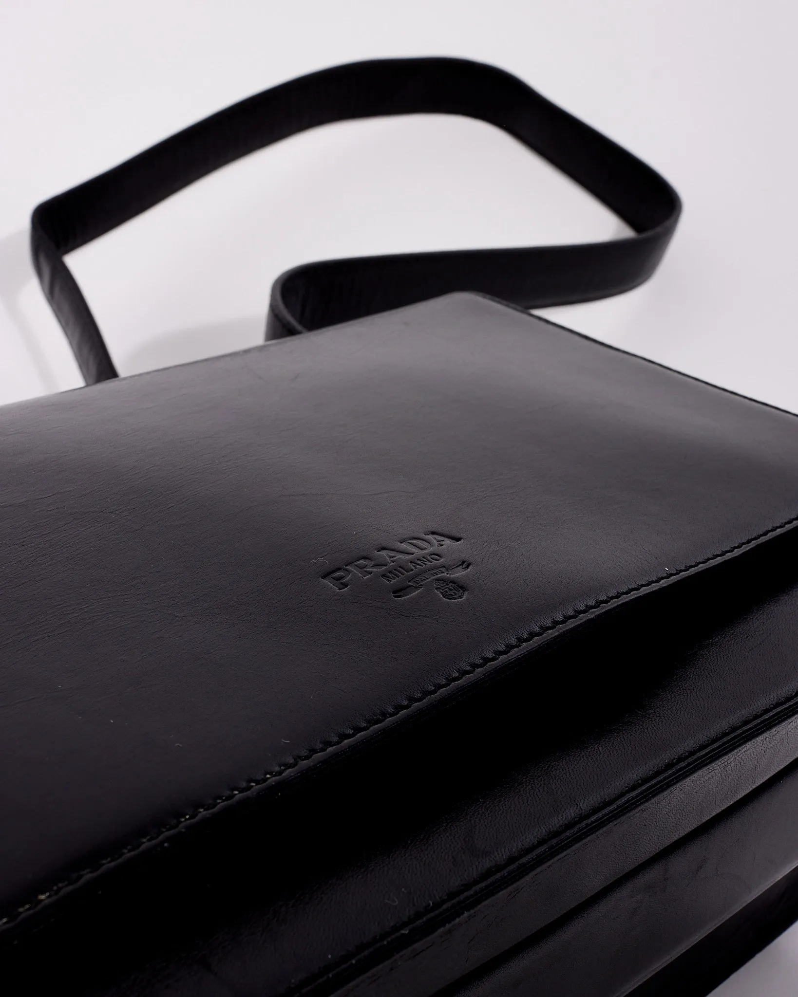 Prada Vintage Black Leather Logo Square Shoulder Bag