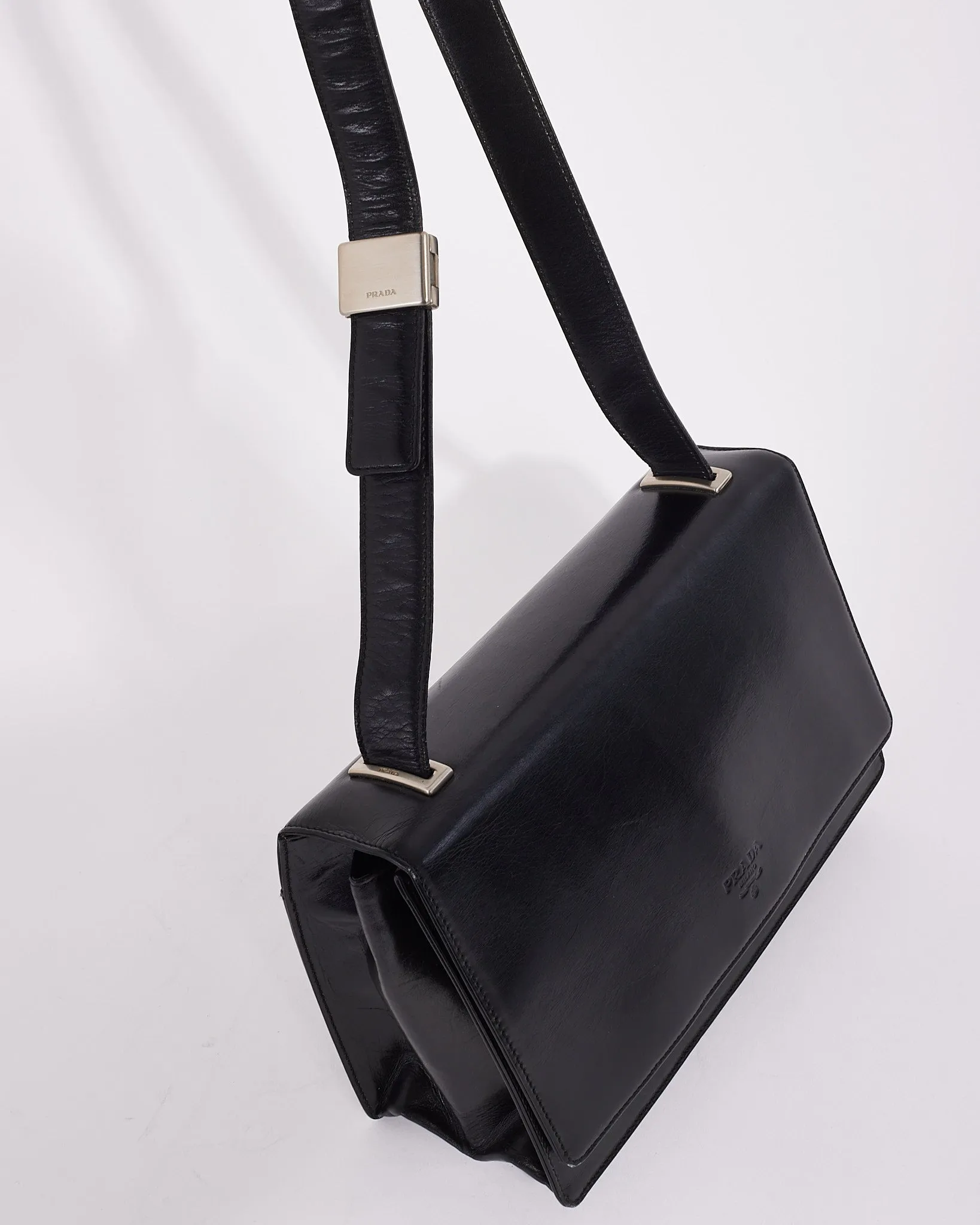 Prada Vintage Black Leather Logo Square Shoulder Bag